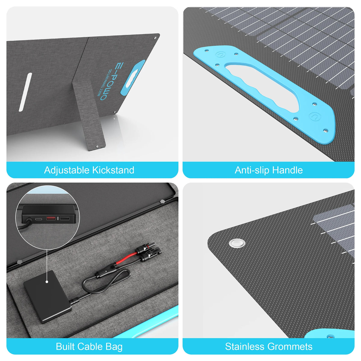 E-POWO Portable Solar Panel 220W ETFE Foldable Solar Charger for Power Station Camping RV Hurricane Phones Full Kit Military-Grade Quality