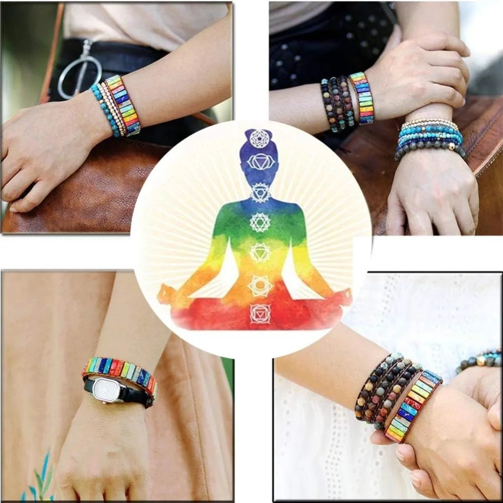 7 Chakra Leather Wrap Bracelet for Women Men with Natural Stone Beads Boho Unisex Jewelry Gift
