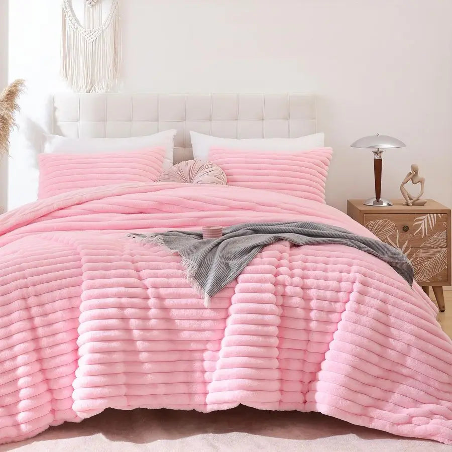 Fluffy Queen Comforter Set 3 Pieces Pink Fleece Fluffy Comforter Set, Luxury Fuzzy Queen Bedding Set, Soft Warm Bed Set All Seas