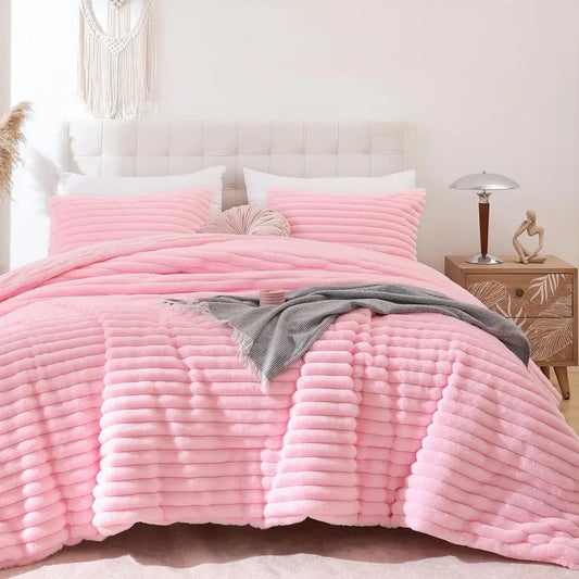 Fluffy Queen Comforter Set 3 Pieces Pink Fleece Fluffy Comforter Set, Luxury Fuzzy Queen Bedding Set, Soft Warm Bed Set All Seas