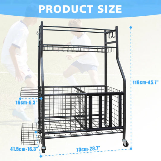 Garage Sports Equipment Organizer, Large Capacity Ball Storage Rack, Rolling Ball Cart with Wheels for Indoor & Outdoor