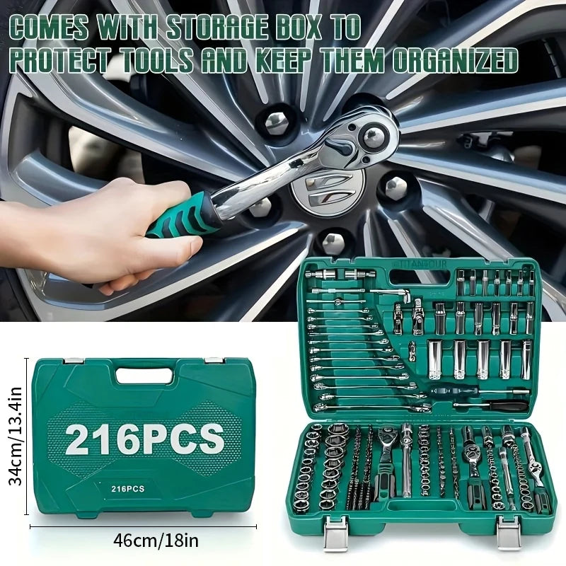 High End Professional 216 Tool Set, 1/4" 3/8" 1/2" Drive Depth, Ratchet Wrench Set, CR-V Material, Automotive Parts Repair Quick Ratchet Wrench and Other Automotive Repair Parts, Professional Racing Grade Repair Tool Set