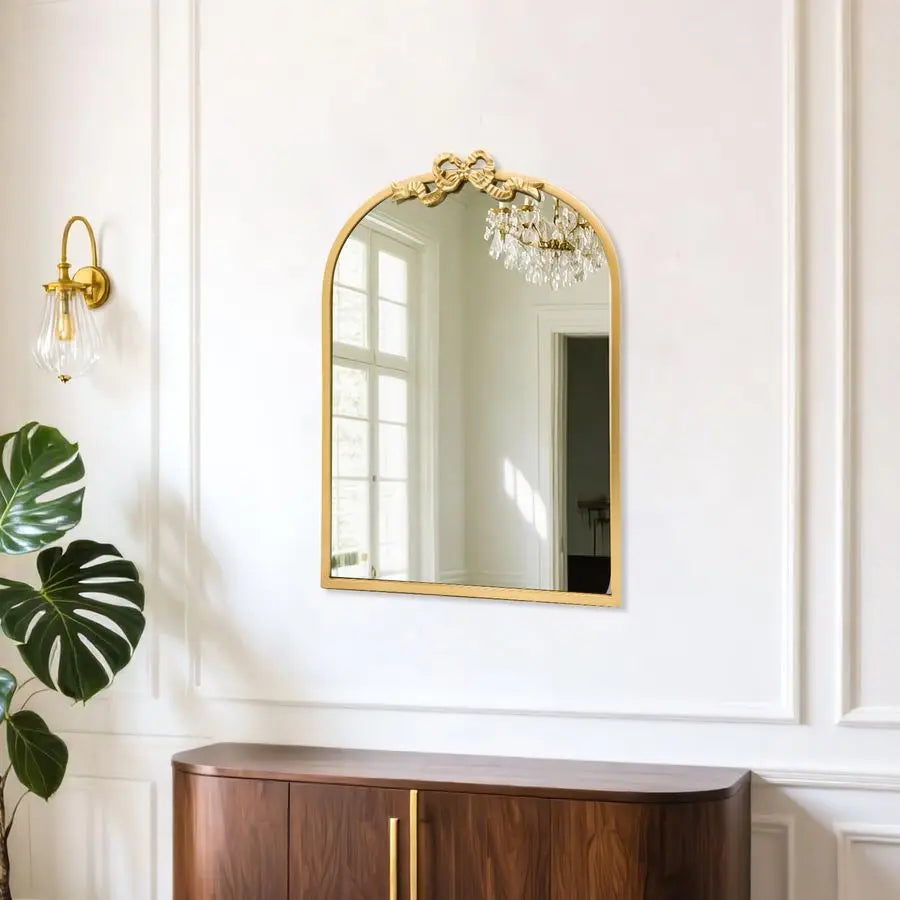 Arched Gold Mirror 27x19 Antique Bathroom Vanity Wall Mirrors with Metal Frame, Baroque Ornate Bow Decor for Living Room, Firepl
