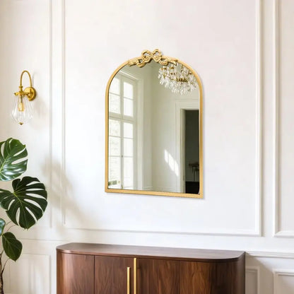Arched Gold Mirror 27x19 Antique Bathroom Vanity Wall Mirrors with Metal Frame, Baroque Ornate Bow Decor for Living Room, Firepl