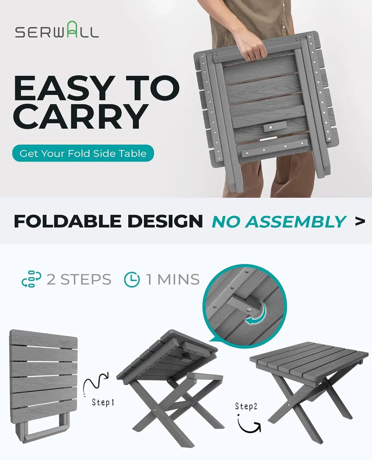 Small Folding Side Table, HDPE Outdoor End Table for Patio, Porch, Deck, Pool, Gray