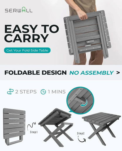 Small Folding Side Table, HDPE Outdoor End Table for Patio, Porch, Deck, Pool, Gray