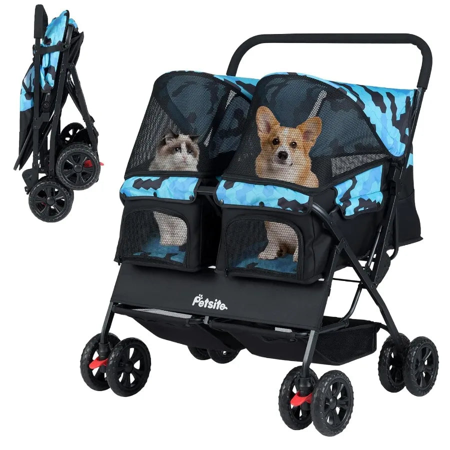 Double Pet Stroller Foldable Double Dog Stroller with 2-Seater Carrier Adjustable Sunshade Removable Pad Safety Belt Storage Ba