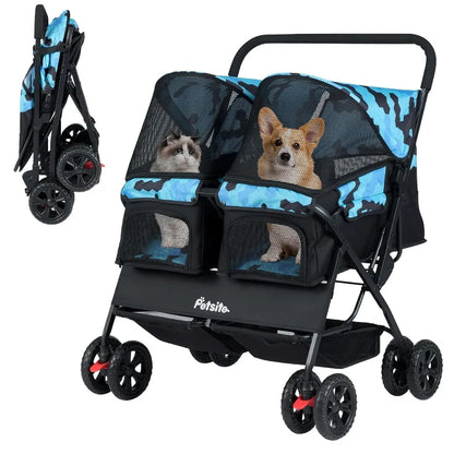 Double Pet Stroller Foldable Double Dog Stroller with 2-Seater Carrier Adjustable Sunshade Removable Pad Safety Belt Storage Ba