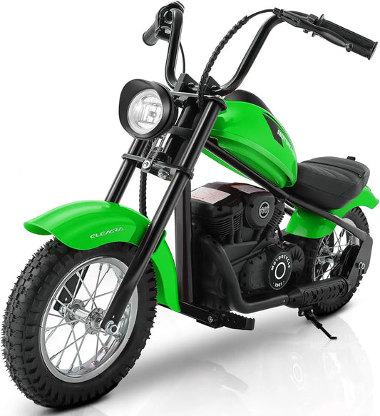 Electric Dirt Bike for Kids, 15mph, 150lb Max, LED Lights, Key Start, Twist Grip, 12' Air-Filled Tires - Green