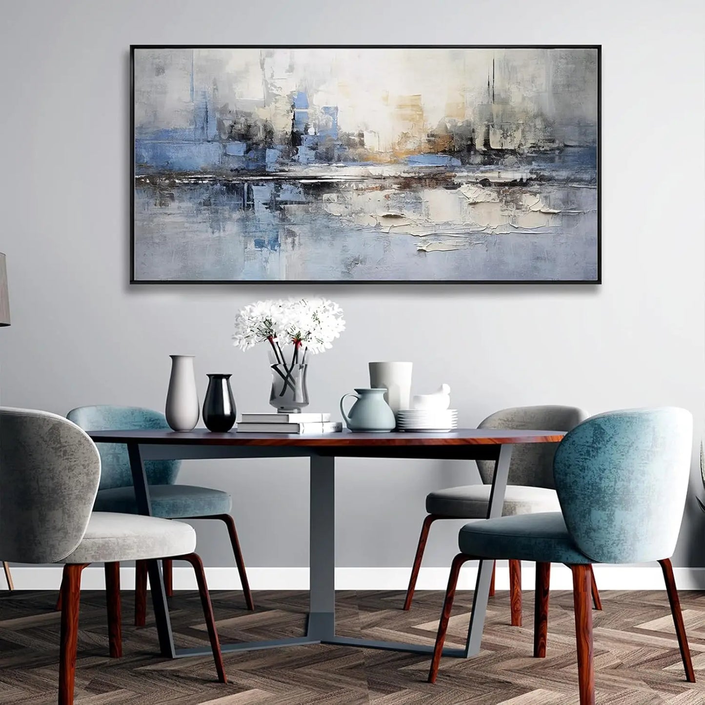 Blue and White Abstract Wall Art Large Framed Canvas Painting for Living Room Bedroom Office Decor Ready to Hang 30x60 Inches