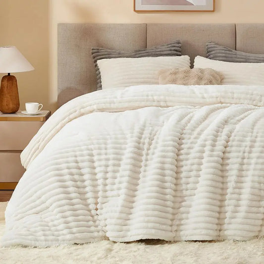 Fleece Queen Comforter Set Super Soft amp Warm Fluffy Cream White Bedding, Luxury Fuzzy Heavy Bed Set for Winter with 2 Pillow C
