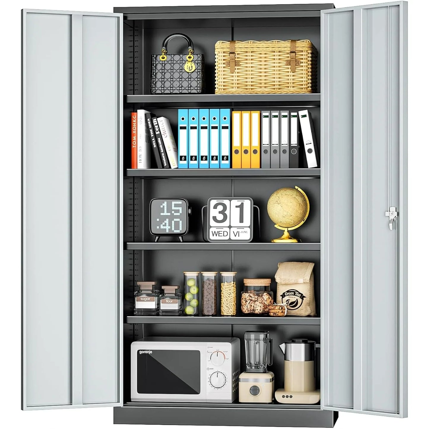 Metal Storage Cabinet, Garage Steel Locking Cabinets with Doors and 4 Adjustable Shelves, TallLockableFileToolCabinetsBlack-Grey