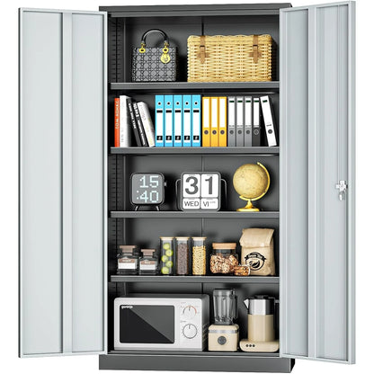 Metal Storage Cabinet, Garage Steel Locking Cabinets with Doors and 4 Adjustable Shelves, TallLockableFileToolCabinetsBlack-Grey