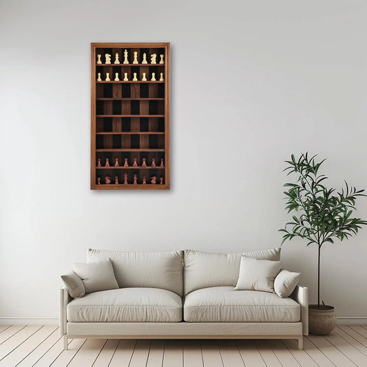 Giant Wall-Mounted Wooden Chess Game Set with Carved Pieces, Vertical Display Cabinet, Burnt Color Home Decor