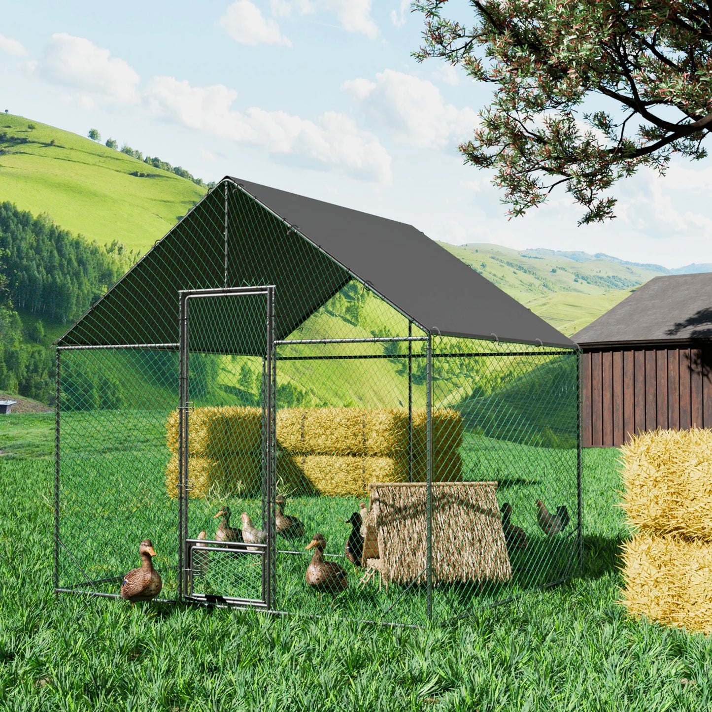 Heavy Duty Upgrade Outdoor Chicken Coop Large Metal Chicken Run Walkin Poultry Habitat Chicken Poultry Cage w/ Waterproof Cover