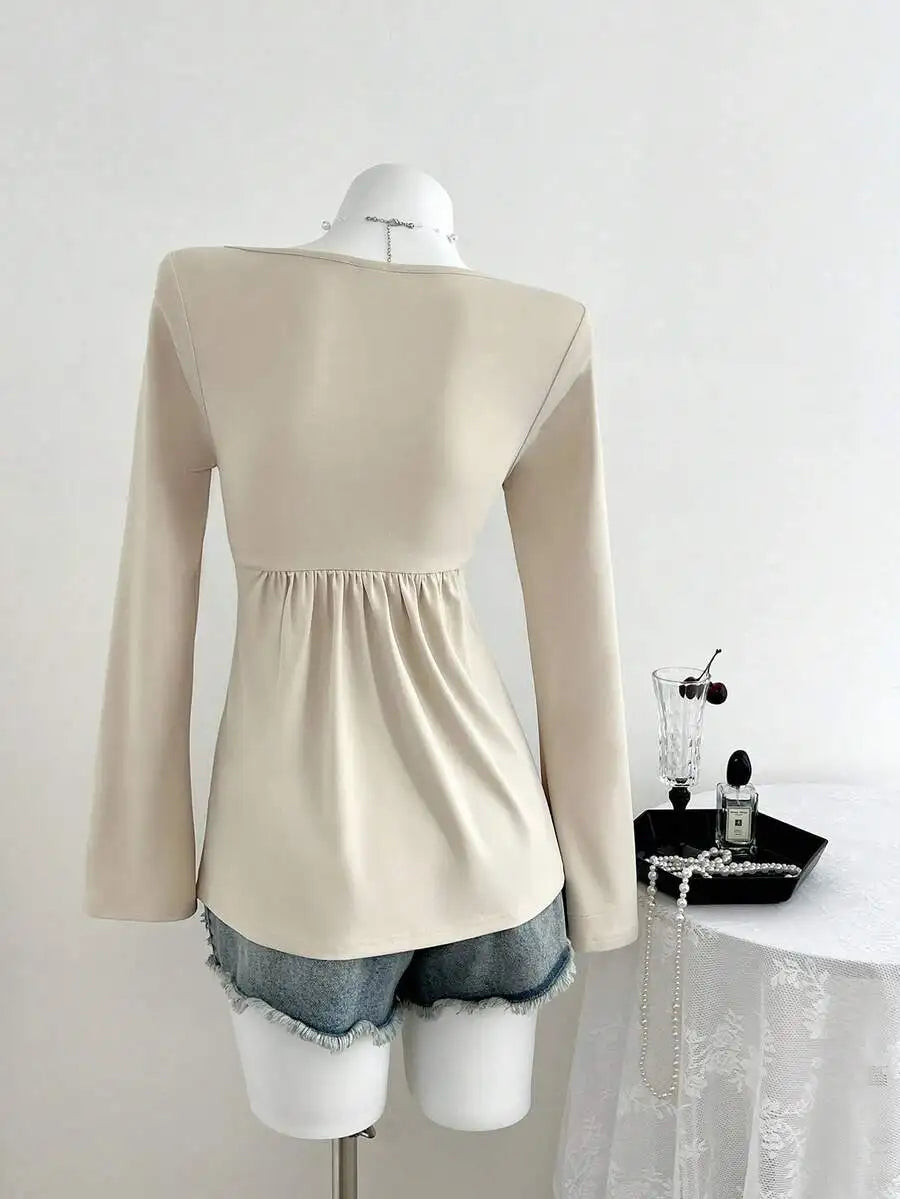 Women's Twist Front V-Neck Long Sleeve Top with Bell Sleeves, Casual Elegant Spring Autumn Blouse