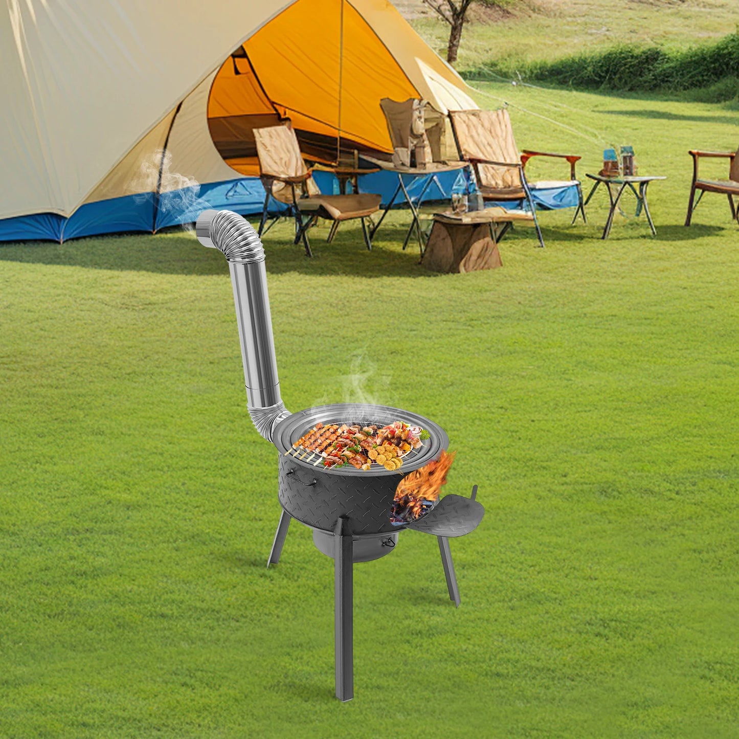 Wood Burning Steel Stove with 3 Wok Rings,19.68in Multifunction Wood Burning Stove for Outdoor/Backyard Use