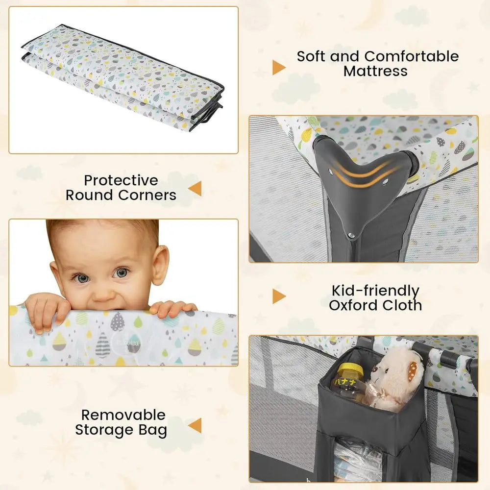 Portable 3-in-1 Playard with Bassinet, Changing Station, and Music, Suitable for Newborns to Toddlers