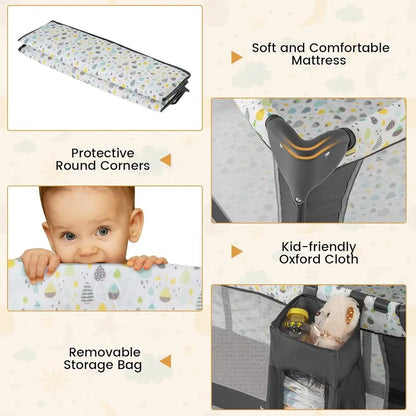 Portable 3-in-1 Playard with Bassinet, Changing Station, and Music, Suitable for Newborns to Toddlers
