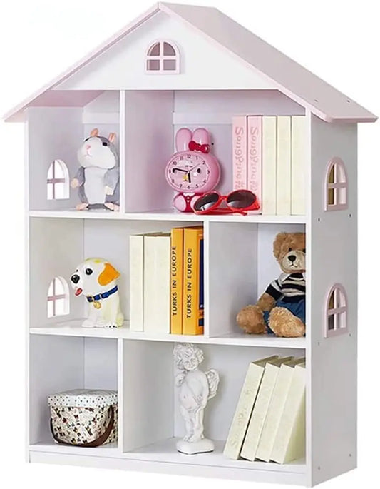 Wooden Dollhouse Bookshelf 3-Tier Doll House Bookcase Kids Books Toys Storage Organizer Shelves for Children's Bedroom Playroom