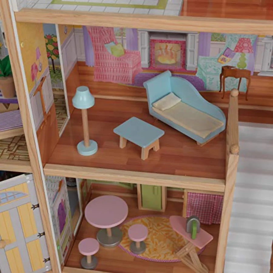 Wooden Dollhouse with 34-Piece Accessories, Working Elevator and Garage, Gift for Ages 3+