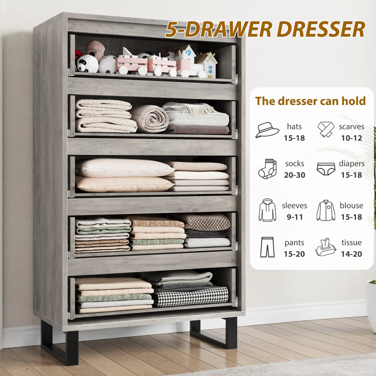 5 Drawer Dresser For Bedroom Freestanding Horizontal Drawer Storage Unit Wooden Closet Chest For Living Room Hallway Entryway