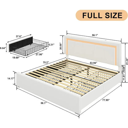 Full Bed Frame with 4 Storage Drawers and Adjustable Headboard, Upholstered Platform Bed with LED Lights and USB Ports, Solid Wo