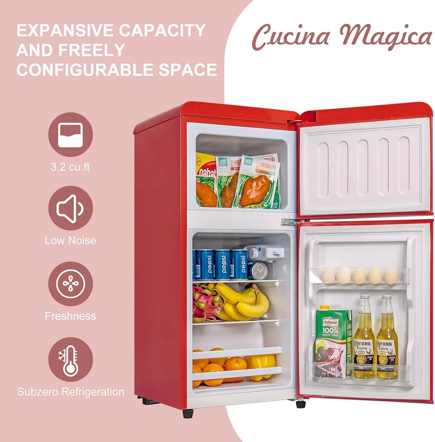 3.2 Cu.ft Compact Refrigerator Red 2 doors Mini Fridge with Freezer, Retro Design Small Drink Chiller for Home, Office