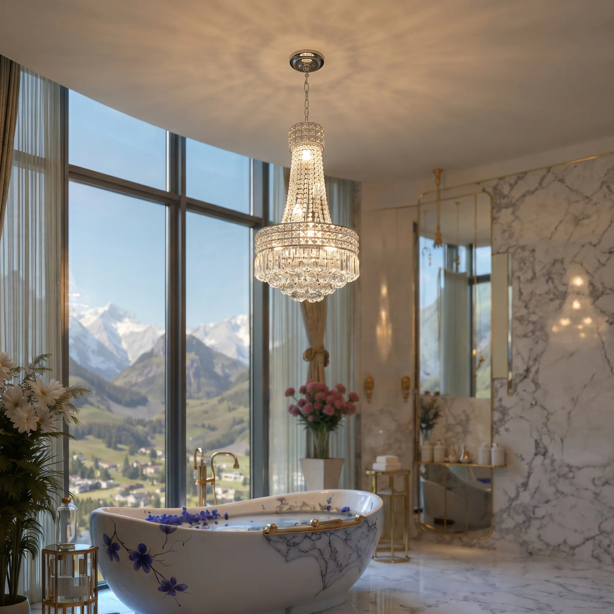 Modern Chrome Silver Crystal Chandelier, Round Dimmable Dining Table Crystal Chandelier for Bedroom/Hallway/Hall