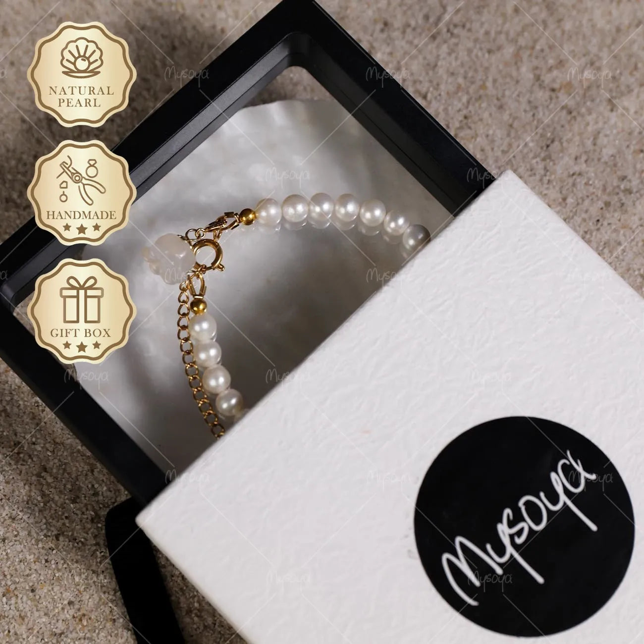 Mysoya White Freshwater Pearl Bracelet 6-7mm Lily of the Valley Pendant Golden Extender Gift Box Valentine's Day Birthday