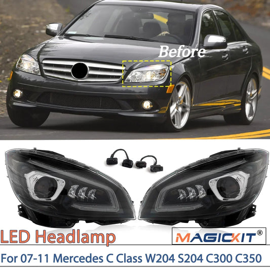 MAGICKIT Projector Headlights For 2007-2011 Mercedes C Class W204 S204 C300 C350 LED Headlamp Car Accessories