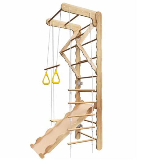 5in1 Wooden Indoor Jungle Gym for WallMounted Swedish Ladder with PullUp Bar Rings Swing and Slide MontessoriInspired Playset f