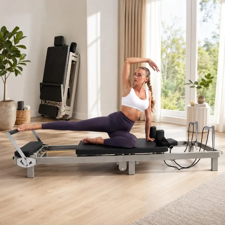 Foldable Pilates Reformer 90% Pre-Assembled Home Gym Women Men Workouts Bundle, Wood Grain Metal Frame Dual Resistance System S