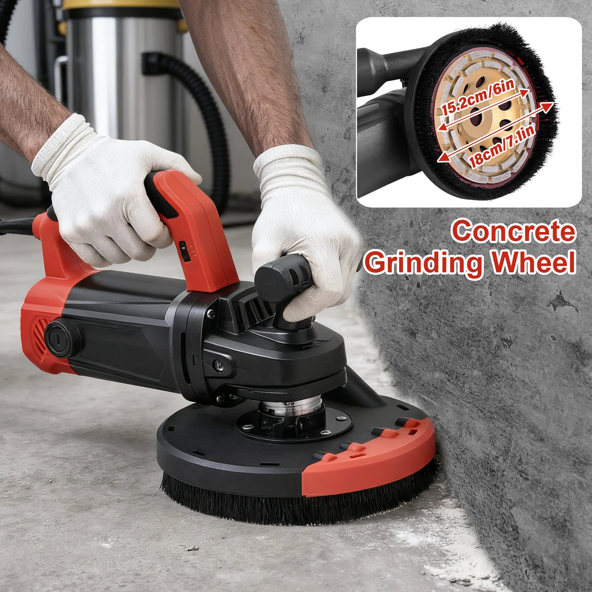 Concrete Grinder 150mm 1800W Variable Speed Wall Sander with Dust Shroud and Auxiliary Handle, 6 Speed Adjustable Concrete Floor Grinder Kit Diamond Cup Wheel for Cement Wall Marble Stone Grinding Polishing