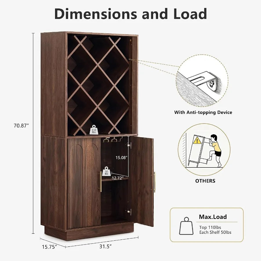70.87" Tall Liquor Cabinet, Diamond Wine Rack, Walnut