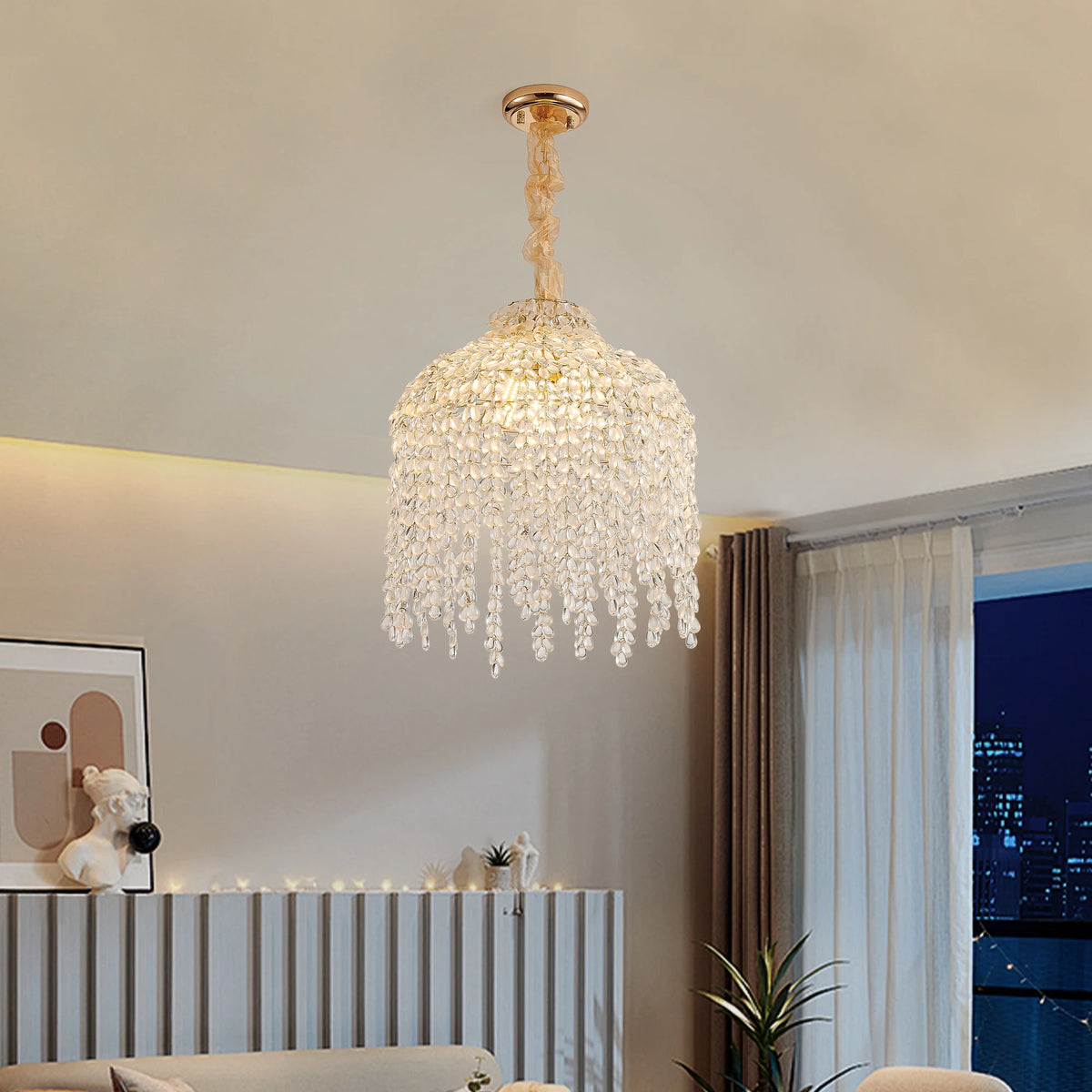 16 Inch 5-Light Crystal Pendant Light Chandelier Elegant Waterfall Design with Crystal Bead Strings and Gold Finish (No Bulb)