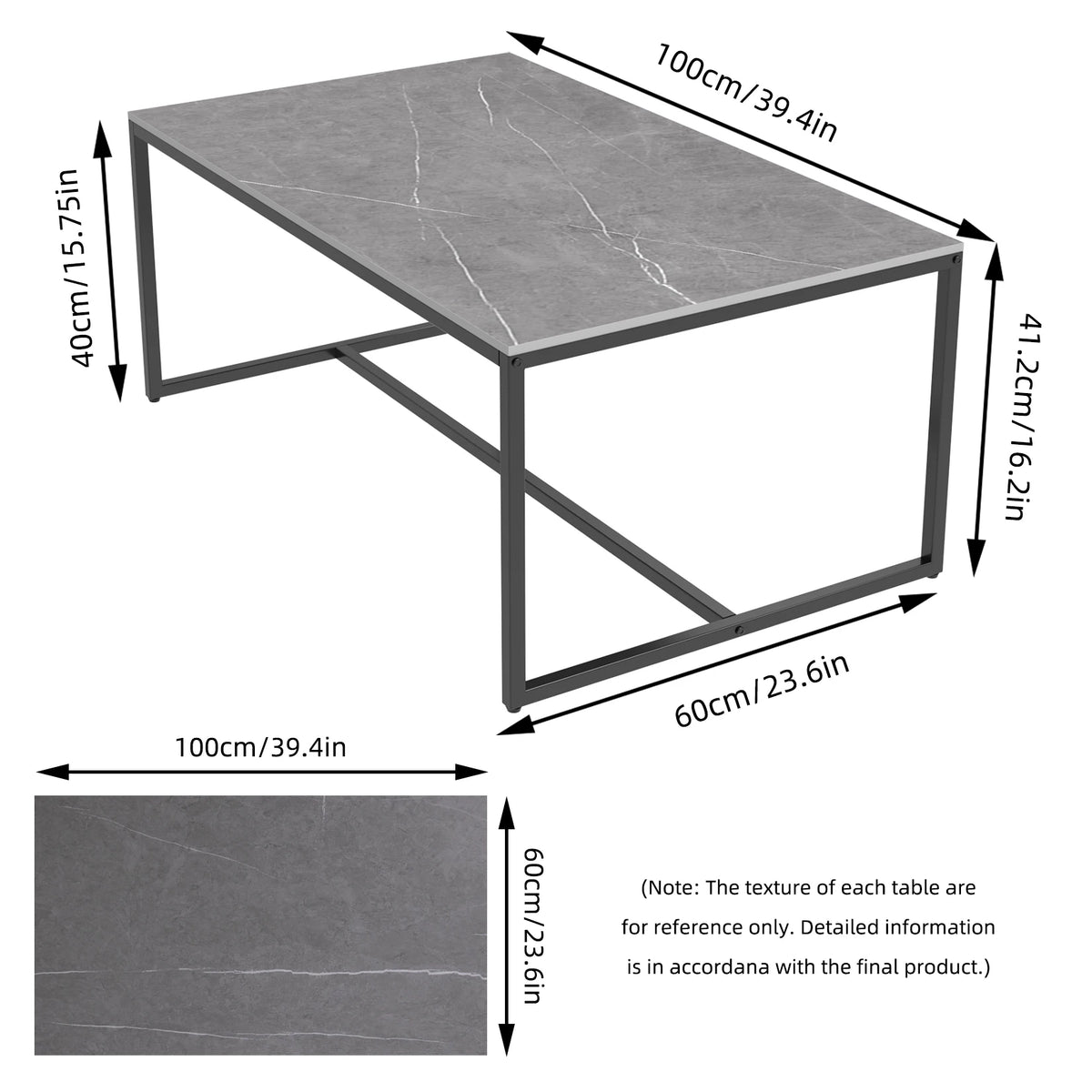 LUVODI Rectangular Coffee Table 100x60cm Sintered Stone Top Black Metal Frame Modern Center Table for Living Room