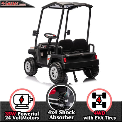 24V Ride On Car with Remote Control 4 Seater Golf Cart 4x4 Electric Ride On Toys for Big Kids Boys Girls, Plastic Roof, EVA Tire