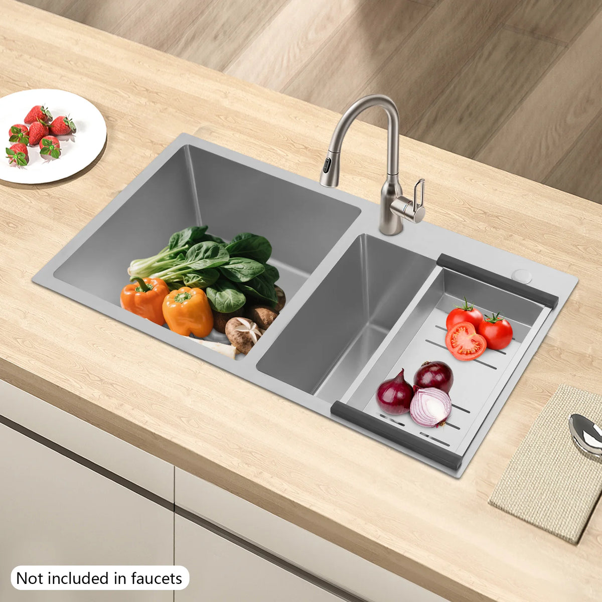 Sturdy Stainless Steel Kitchen Sink, 37.4*38Cm Large Capacity Double Bowl Kitchen Sink, With V-Shaped Drainer,Drain Basket