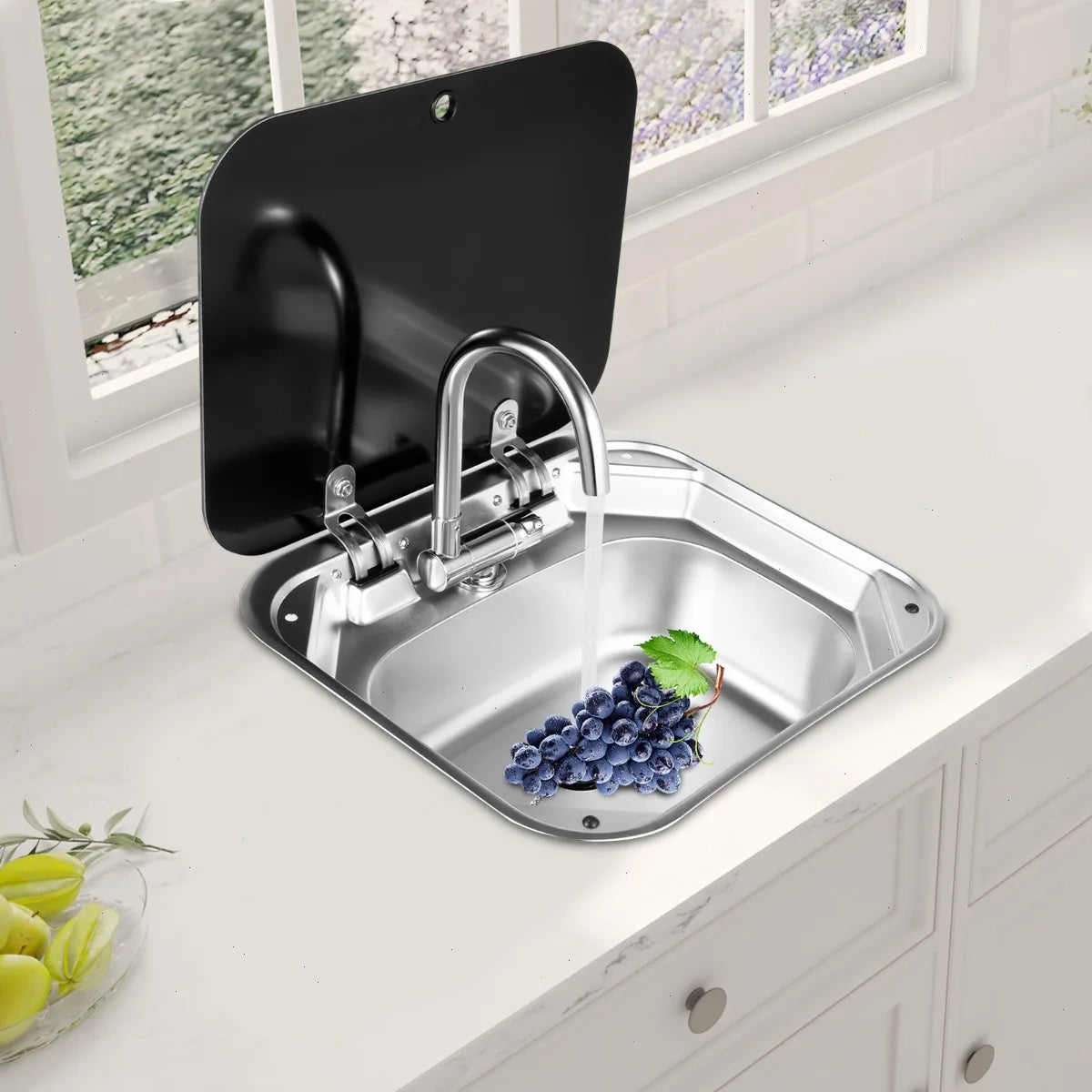 Kitchen Sink, Rv Sink, Water Sink, 304 Stainless Steel, Bathroom Camper, Faucet and Accessories Kit, Black Tempered Glass Cover, Dual-use Countertop, Motorhome, Modern, Corrosion Resistant, Easy Install