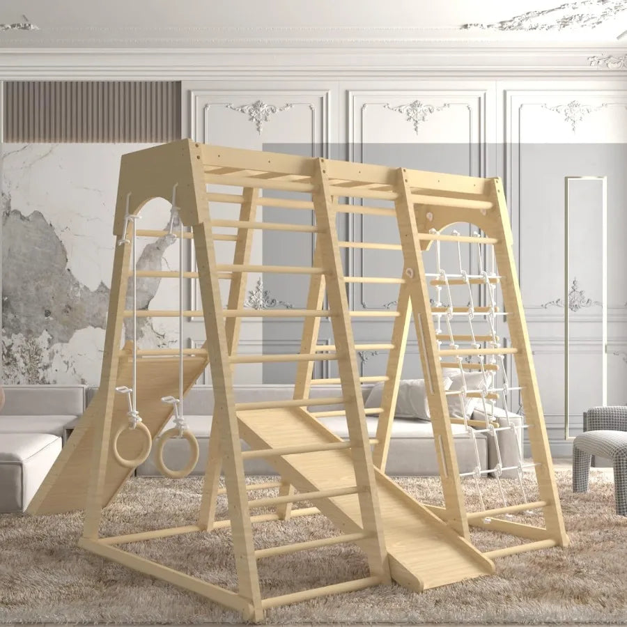 Toddler Jungle Gym 66" Indoor Playground Set with Swing Rock Climb Wall Slide Monkey Bars Wood and Rope Ladder Rope Wall Ladder