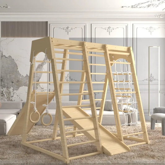 Toddler Jungle Gym 66" Indoor Playground Set with Swing Rock Climb Wall Slide Monkey Bars Wood and Rope Ladder Rope Wall Ladder