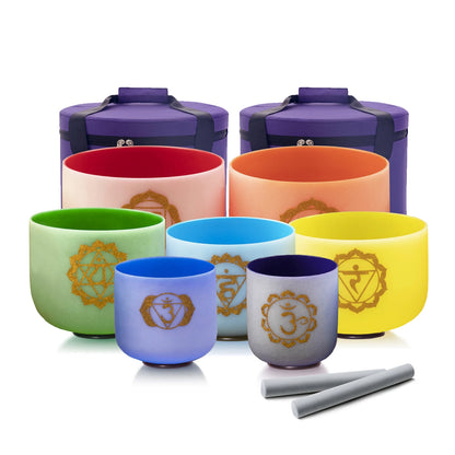 Colored Quartz Crystal Singing Bowl 7pcs Chakra Set Sound Healing Meditation with/without Free Carry Bags
