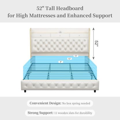 LED Bed Frame with Galaxy Star Projector, 2 Drawers, 52" PU Headboard with Charging Station, Noise Free, No Box Spring