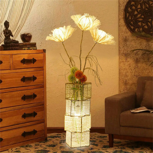 Modern Rattan Floor Lamp Dimmable Standing Floor Lamp Flower LED Night Light for Living Family Bedroom Deco