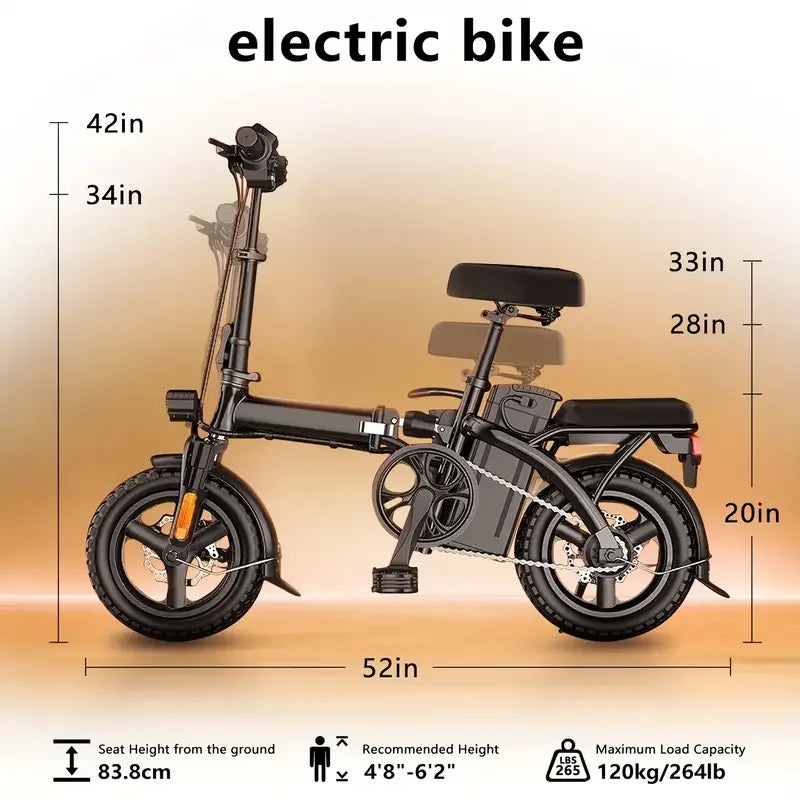 14'' Adult 450W Peak Motor Mini Folding Electric Motorcycle E Bike Electric Bicycle 20Mph 10.4AH Electric EBike for Adults