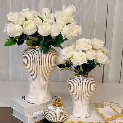 Large Modern Minimalist White & Gold Ceramic Vase for Home Décor, Centerpieces, Living Room, Office, Bedroom, Bookshelf, Mantel