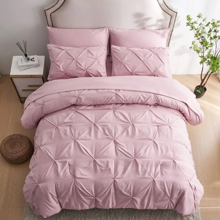 7pc Full Size Comforter Set with Sheets, Pinched Pleat 7 Piece Bed in a Bag Blush Bed Set with Comforter, Pintuck All Season Bed