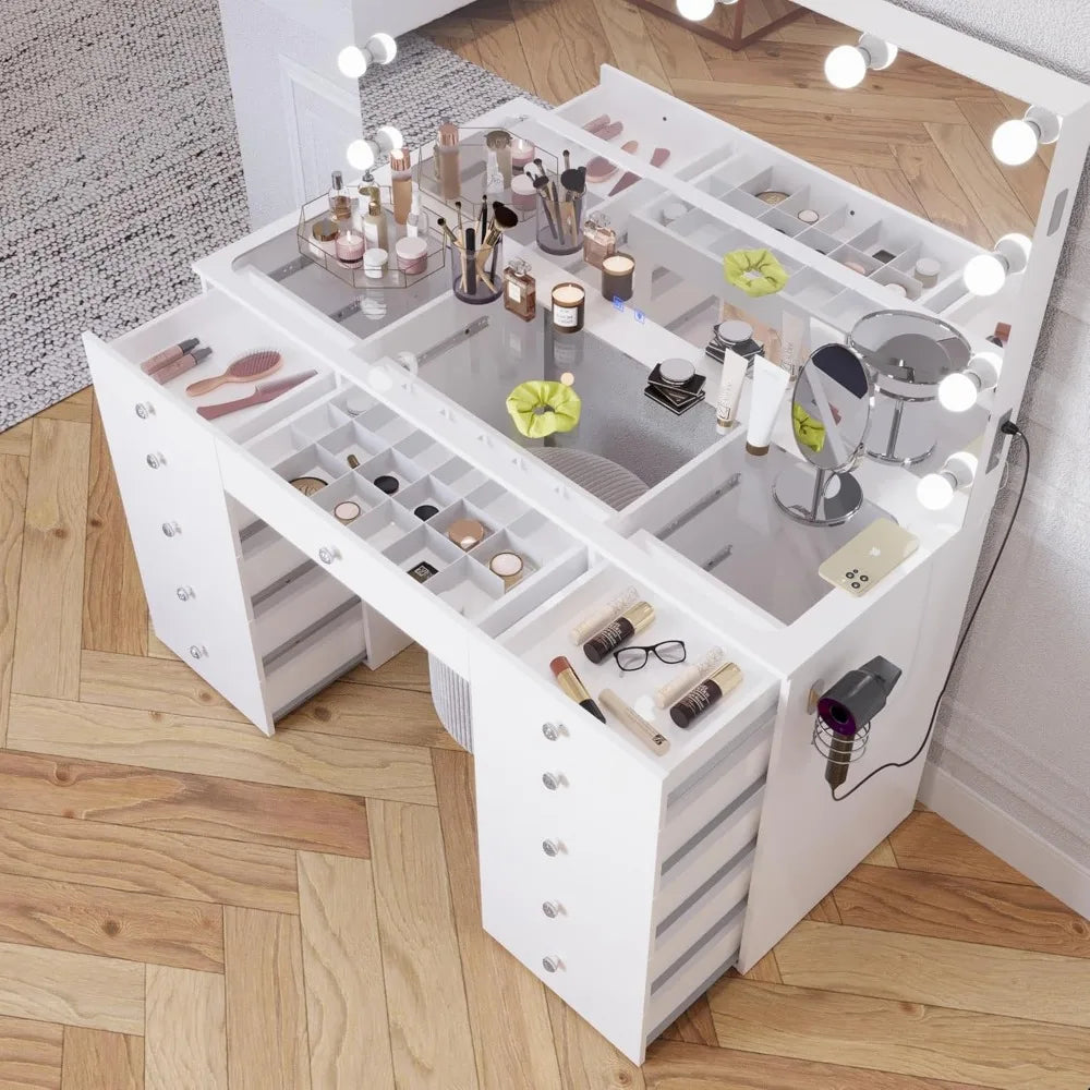 Orla - Glass Top Large Vanity Desk w/Bluetooth Speaker, 12 Hollywood Lights, 11 Drawers, Crystal Knobs, USB Type-C & Type-A Por