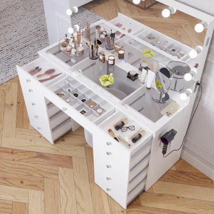Orla - Glass Top Large Vanity Desk w/Bluetooth Speaker, 12 Hollywood Lights, 11 Drawers, Crystal Knobs, USB Type-C & Type-A Por